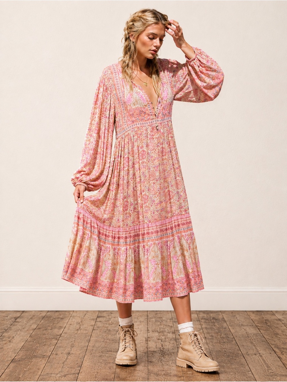 Spell & The Gypsy Poinciana Gown XS Cotton Candy Pink Floral Boho Maxi Dress